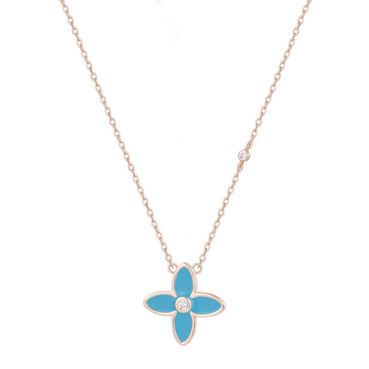 NICOLETTA BLUE ENAMEL FLOWER ROSE GOLD NECKLACE