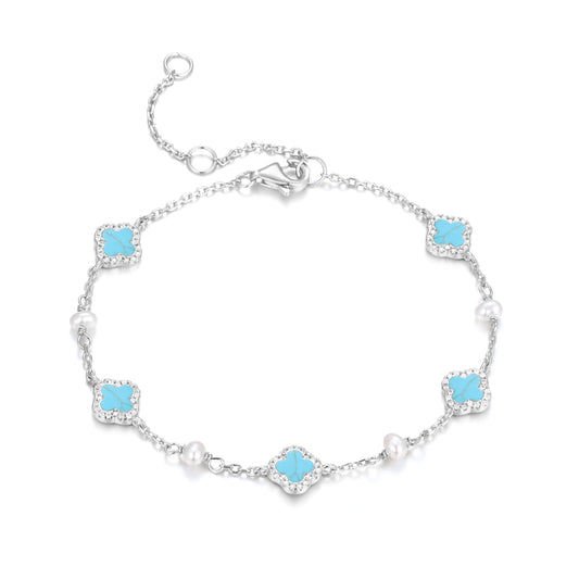 NALA PEARL MINI TURQUOISE FIVE CLOVER SILVER BRACELET