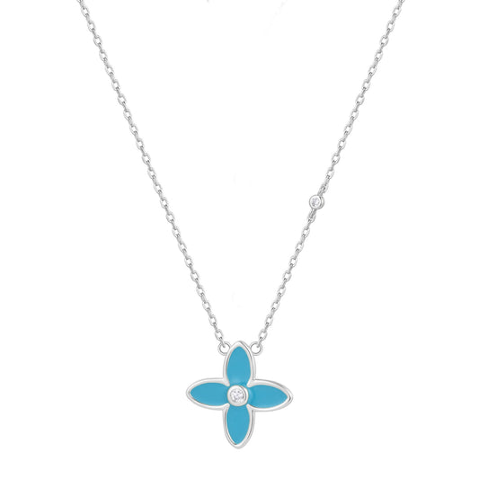 NICOLETTA BLUE ENAMEL FLOWER SILVER NECKLACE