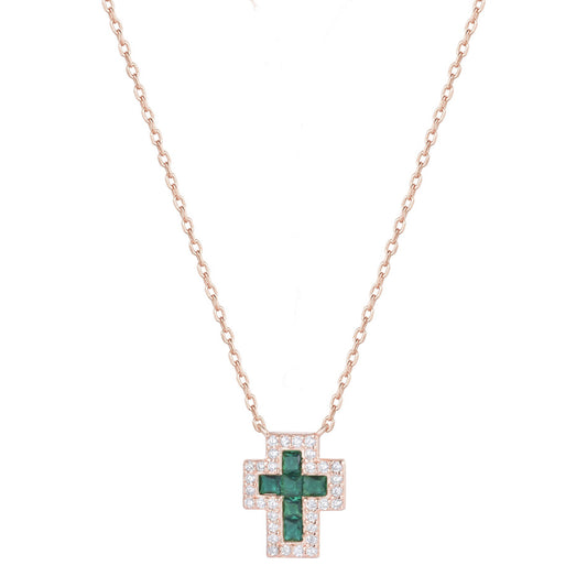 SARAI EMERALD CROSS ROSE GOLD NECKLACE