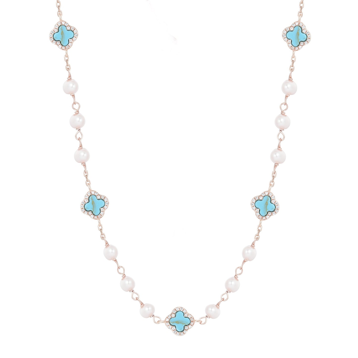 NALA PEARL MINI TURQUOISE FIVE CLOVER ROSE GOLD NECKLACE