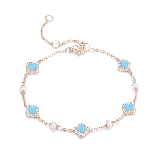 NALA PEARL MINI TURQUOISE FIVE CLOVER ROSE GOLD BRACELET