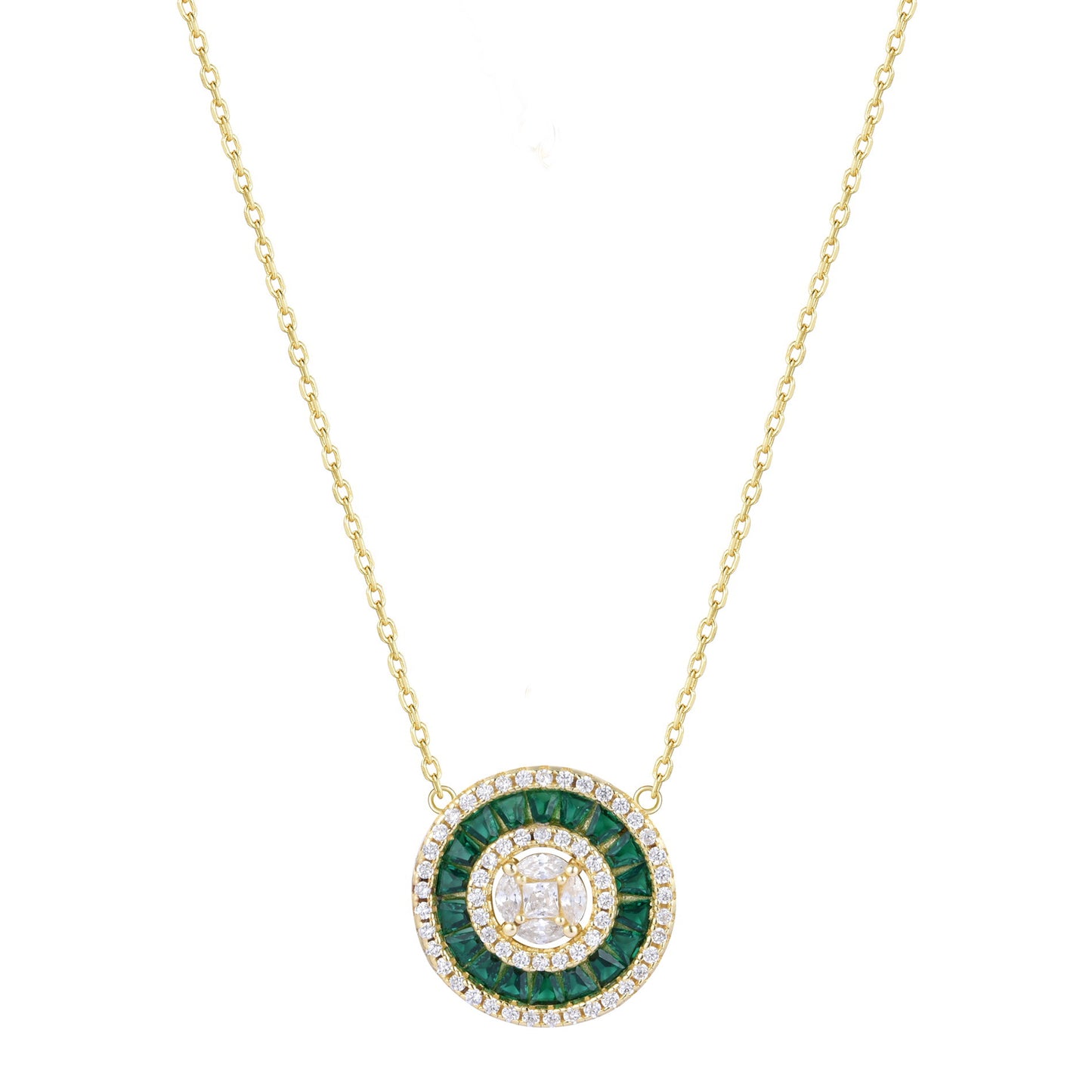 CHARLI EMERALD BAGUETTE ROUND GOLD NECKLACE