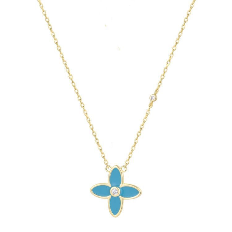 NICOLETTA BLUE ENAMEL FLOWER GOLD NECKLACE