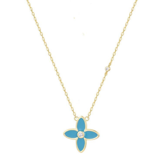 NICOLETTA BLUE ENAMEL FLOWER GOLD NECKLACE