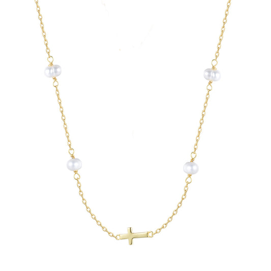 gold pearl beaded cross necklace 