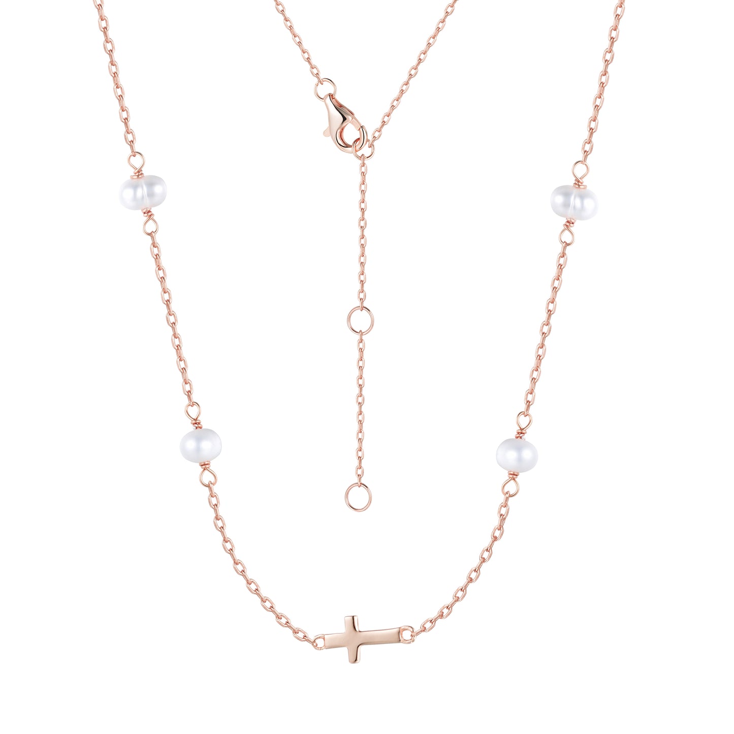 MIKALA CROSS PEARL BEADED ROSE GOLD NECKLACE