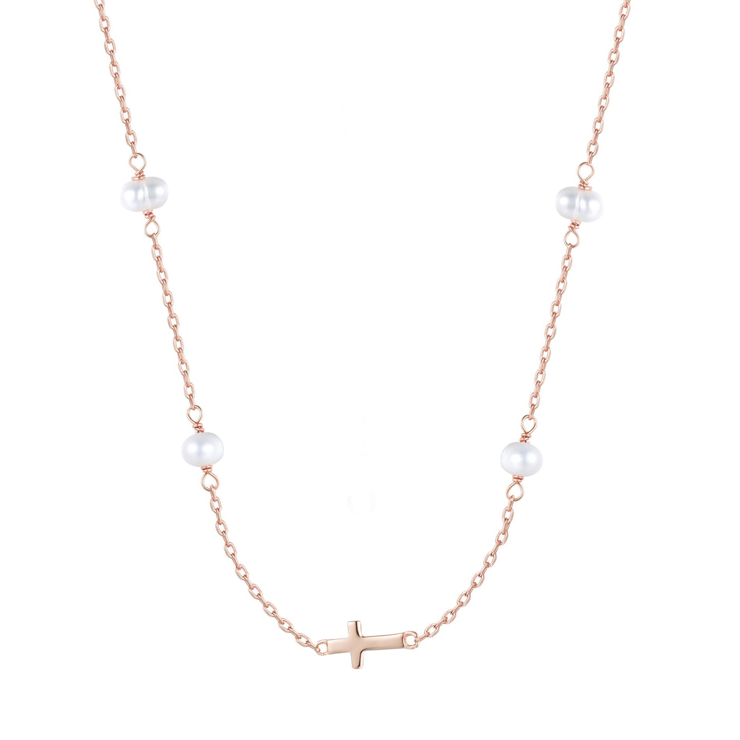 MIKALA CROSS PEARL BEADED ROSE GOLD NECKLACE